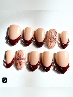 Peach Nude Press-On Nails with Dark Burgundy Tips & 3D Flower Accent